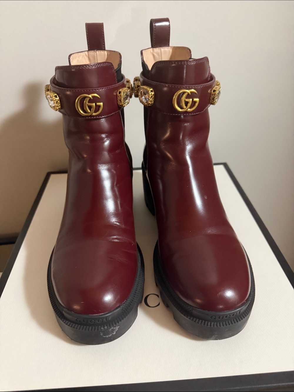 Gucci Burgundy Leather Ankle Boots with Gold GG & Jeweled Straps Vintage Bordeau